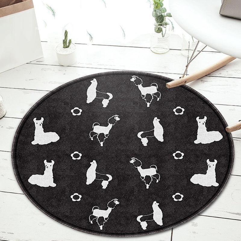 Black and Green Kids Rug Polyester Cartoon Animal and Floral Pattern Rug Pet Friendly Washable Anti-Slip Backing Carpet for Decoration - Black - Clearhalo - 'Area Rug' - 'Rug' - 1717078