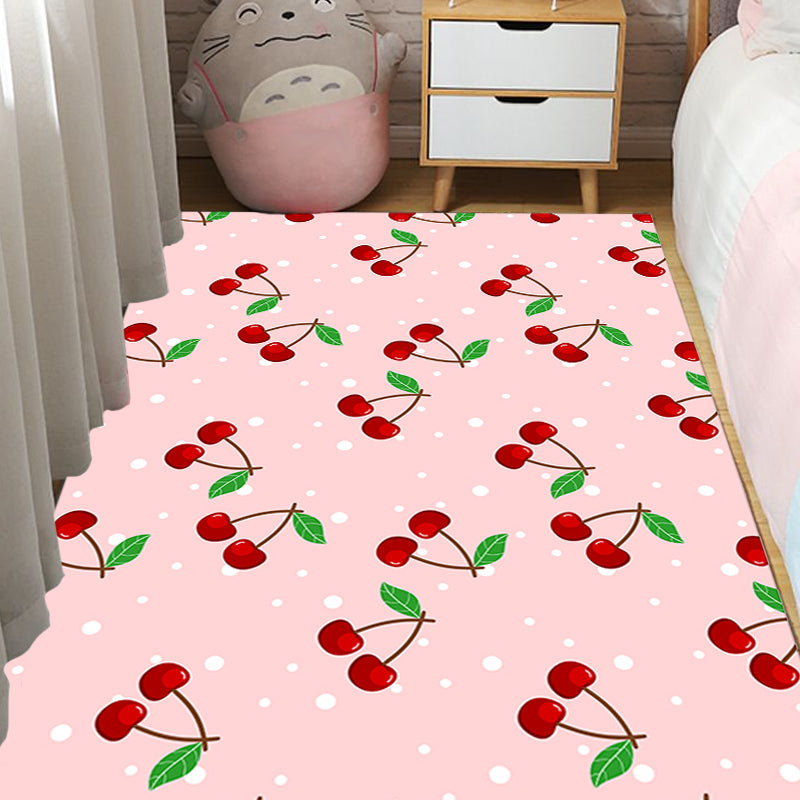 Pink Kids Rug Synthetics Cherry Pattern Rug Pet Friendly Washable Anti-Slip Backing Carpet for Decoration - Pink - Clearhalo - 'Area Rug' - 'Rug' - 1717089