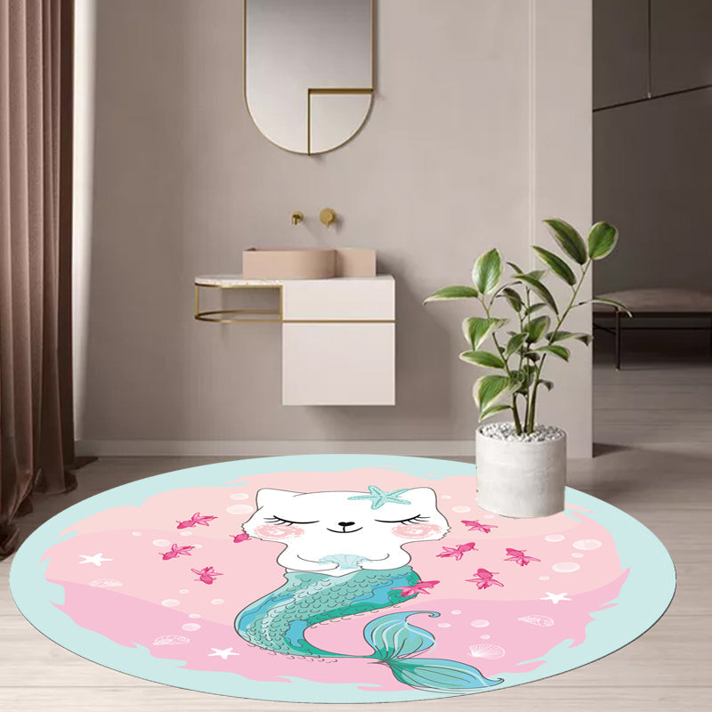 Kids Cartoon Cat Pattern Rug Pink and Red Polyester Rug Washable Pet Friendly Non-Slip Area Rug for Child's Bedroom - Pink - Clearhalo - 'Area Rug' - 'Rug' - 1717249