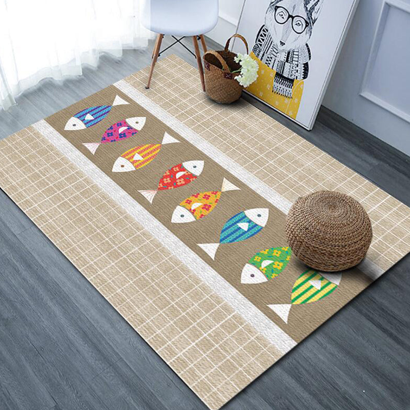 Cute Cartoon Animal Pattern Rug with Fish Multicolor Kids Rug Polyester Washable Pet Friendly Anti-Slip Carpet
