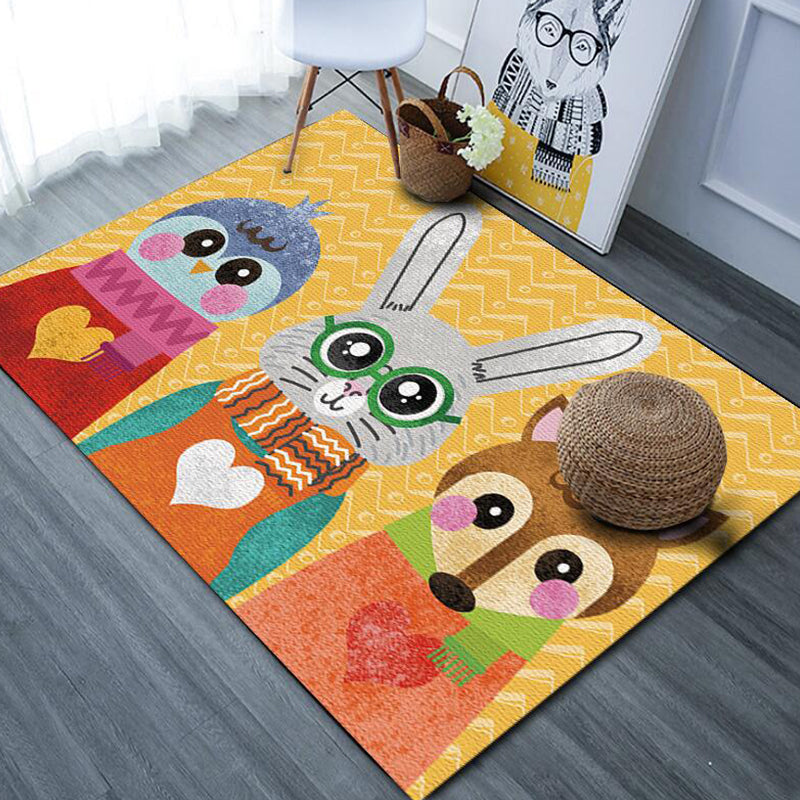 Cute Cartoon Animal Pattern Rug with Fish Multicolor Kids Rug Polyester Washable Pet Friendly Anti-Slip Carpet for Children's Room