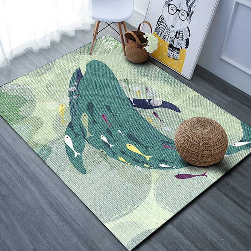 Cute Cartoon Animal Pattern Rug with Fish Multicolor Kids Rug Polyester Washable Pet Friendly Anti-Slip Carpet for Children's Room