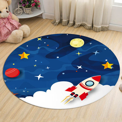 Dark Blue Kids Rug Polyester Spaceship and Star Pattern Rug Pet Friendly Washable Anti-Slip Backing Carpet for Decoration