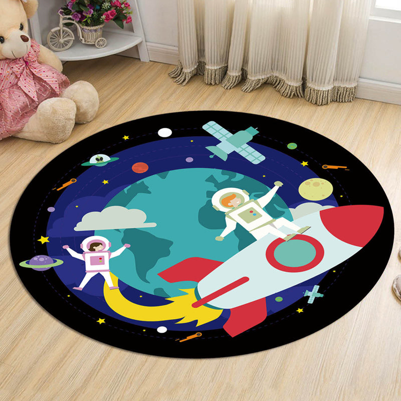 Dark Blue Kids Rug Polyester Spaceship and Star Pattern Rug Pet Friendly Washable Anti-Slip Backing Carpet for Decoration