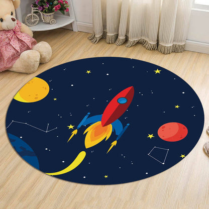 Dark Blue Kids Rug Polyester Spaceship and Star Pattern Rug Pet Friendly Washable Anti-Slip Backing Carpet for Decoration