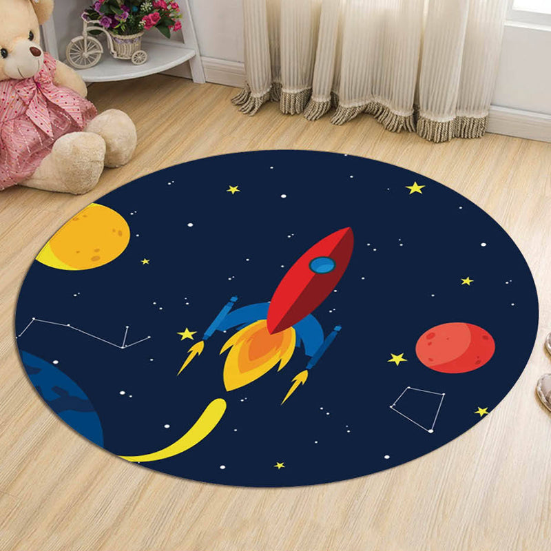 Dark Blue Kids Rug Polyester Spaceship and Star Pattern Rug Pet Friendly Washable Anti-Slip Backing Carpet for