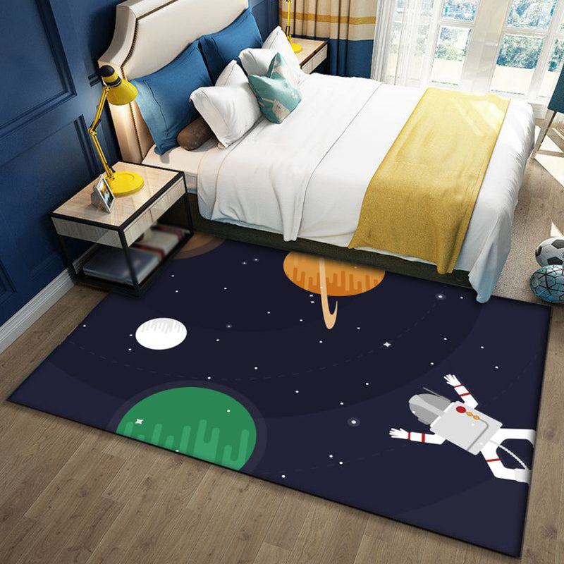 Kids Outer Space Pattern Rug with Spaceship Multicolor Polyester Rug Washable Pet Friendly Non-Slip Area Rug for Child's Bedroom - Black - Clearhalo - 'Area Rug' - 'Rug' - 1725458