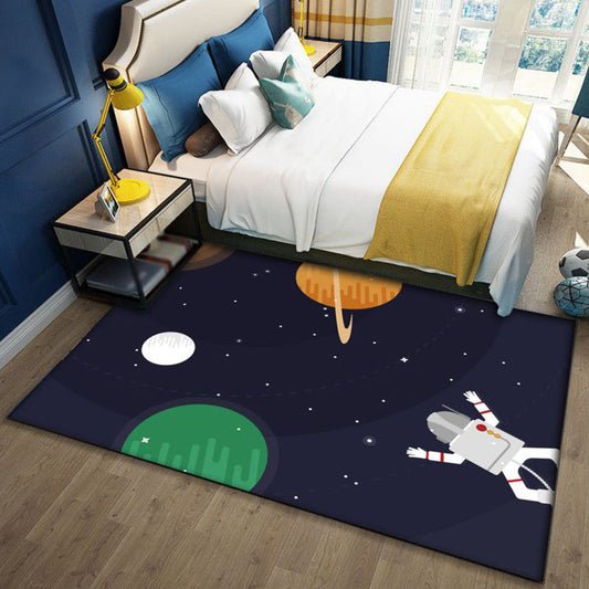 Kids Outer Space Pattern Rug with Spaceship Multicolor Polyester Rug Washable Pet Friendly Non-Slip Area Rug for Child's Bedroom - Black - Clearhalo - 'Area Rug' - 'Rug' - 1725458