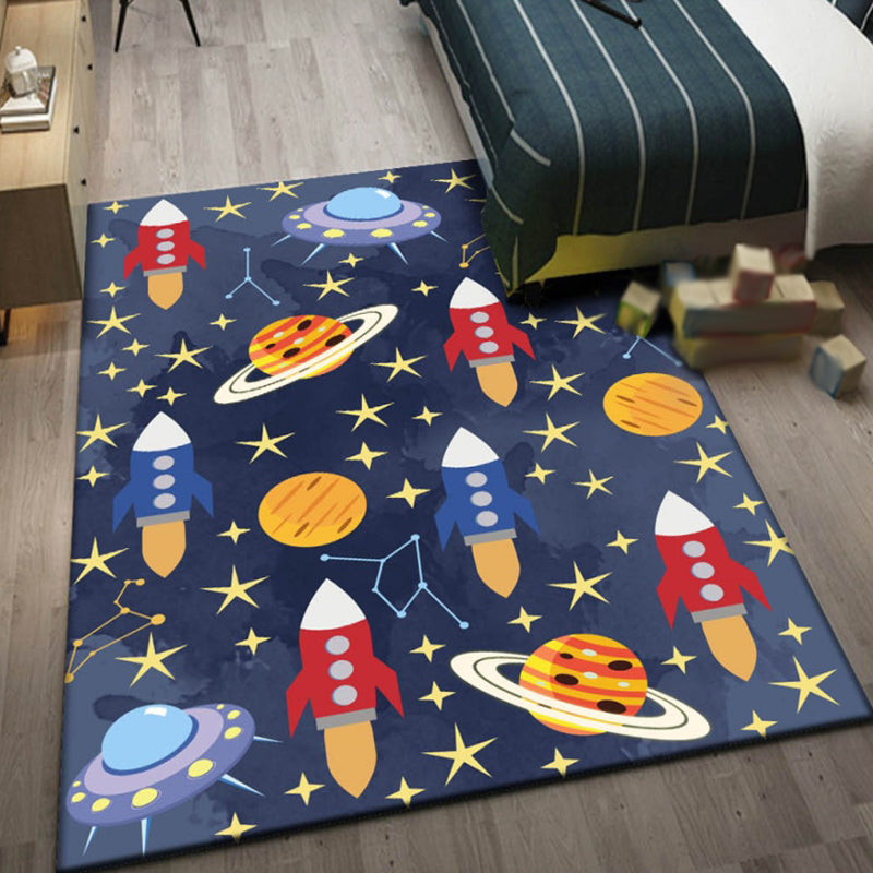 Kids Outer Space Pattern Rug with Spaceship Multicolor Polyester Rug Washable Pet Friendly Non-Slip Area Rug for Child's Bedroom - Blue - Clearhalo - 'Area Rug' - 'Rug' - 1725460