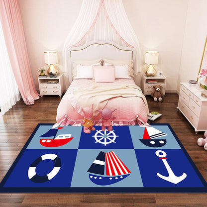 Kids Ship Pattern Rug with Anchor Blue Polyester Rug Washable Pet Friendly Non-Slip Area Rug for Child's Bedroom - Blue - Clearhalo - 'Area Rug' - 'Rug' - 1725556