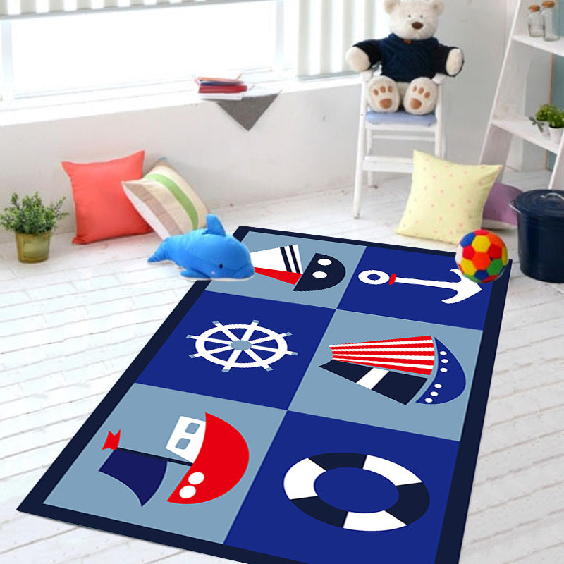 Kids Ship Pattern Rug with Anchor Blue Polyester Rug Washable Pet Friendly Non-Slip Area Rug for Child's Bedroom - Clearhalo - 'Area Rug' - 'Rug' - 1725557