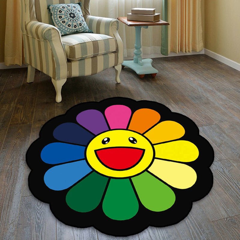 Colorful Flower Pattern Rug Black Multicolor Kids Rug Polyester Pet Friendly Washable Area Rug for Nursery