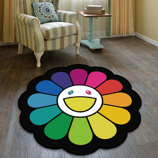 Colorful Flower Pattern Rug Black Multicolor Kids Rug Polyester Pet Friendly Washable Area Rug for Nursery