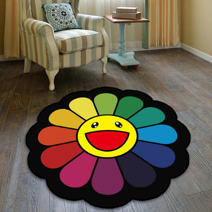 Colorful Flower Pattern Rug Black Multicolor Kids Rug Polyester Pet Friendly Washable Area Rug for Nursery