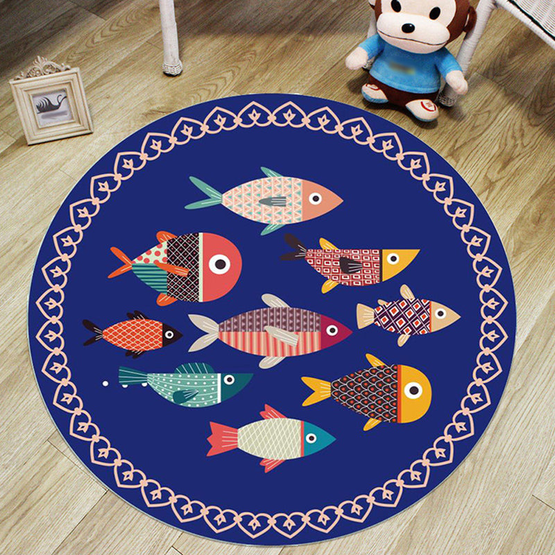 Colorful Cartoon Animal Pattern Rug with Fish Multicolor Kids Rug Polyester Washable Pet Friendly Anti-Slip Carpet for Children's Room