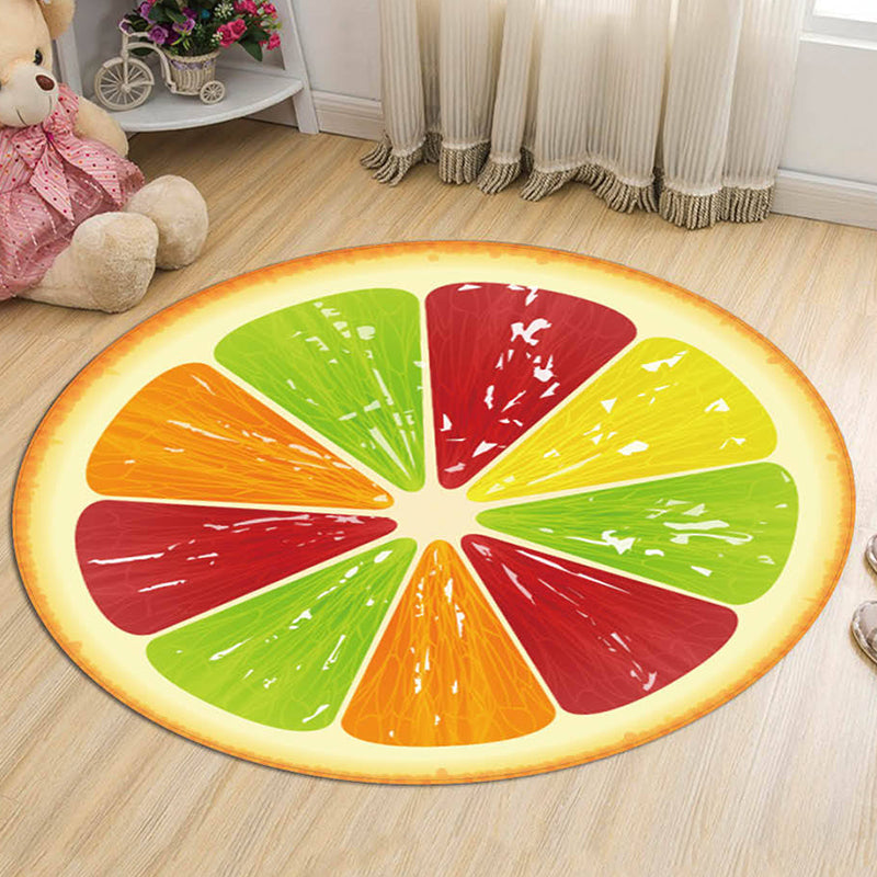 Green and Orange Kids Rug Polyester Fruit Pattern Rug Pet Friendly Washable Anti-Slip Backing Carpet for Decoration