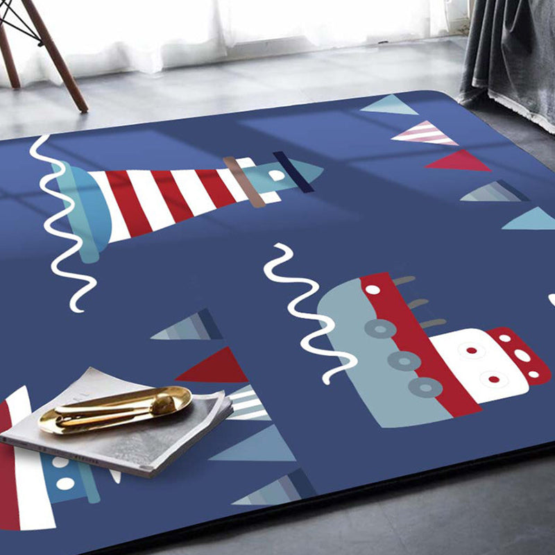 Blue Kids Rug Polyester Lighthouse and Ship Pattern Rug Pet Friendly Washable Anti-Slip Backing Carpet for Decoration - Blue - Clearhalo - 'Area Rug' - 'Rug' - 1725816