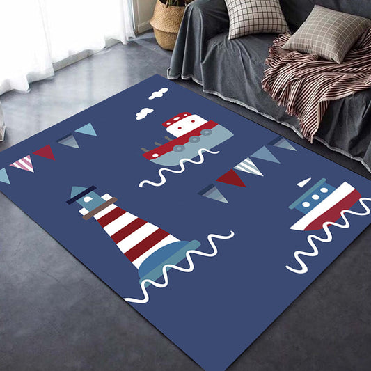 Blue Kids Rug Polyester Lighthouse and Ship Pattern Rug Pet Friendly Washable Anti-Slip Backing Carpet for Decoration - Clearhalo - 'Area Rug' - 'Rug' - 1725817