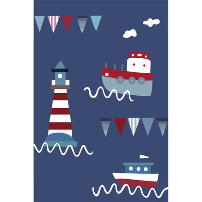 Blue Kids Rug Polyester Lighthouse and Ship Pattern Rug Pet Friendly Washable Anti-Slip Backing Carpet for Decoration - Clearhalo - 'Area Rug' - 'Rug' - 1725818