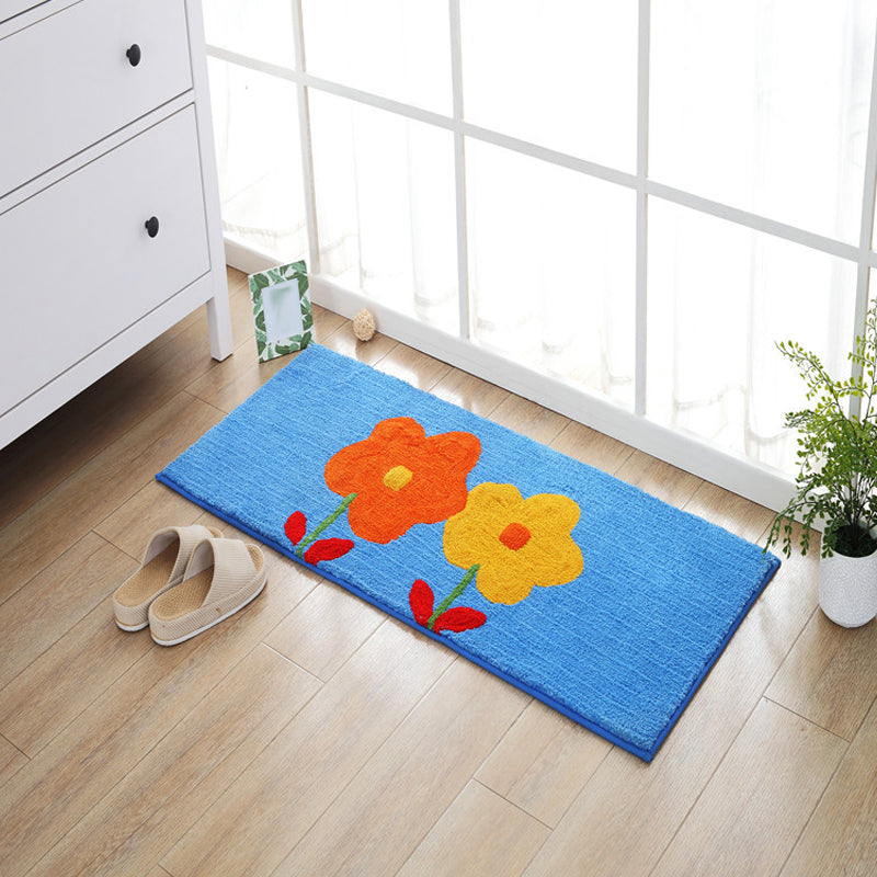 Blue and Orange Kids Rug Polyester Leaf and Flower Pattern Rug Pet Friendly Washable Anti-Slip Backing Carpet for Decoration - Blue - Clearhalo - 'Area Rug' - 'Rug' - 1725823