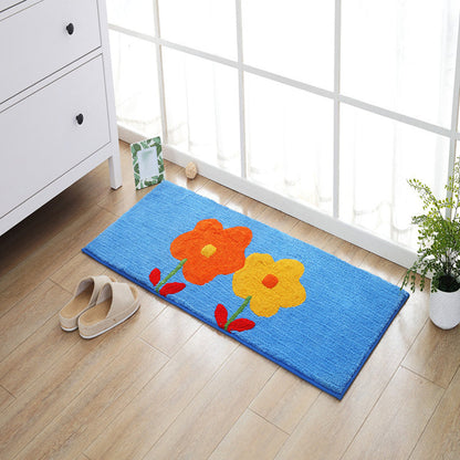 Blue and Orange Kids Rug Polyester Leaf and Flower Pattern Rug Pet Friendly Washable Anti-Slip Backing Carpet for Decoration - Blue - Clearhalo - 'Area Rug' - 'Rug' - 1725823