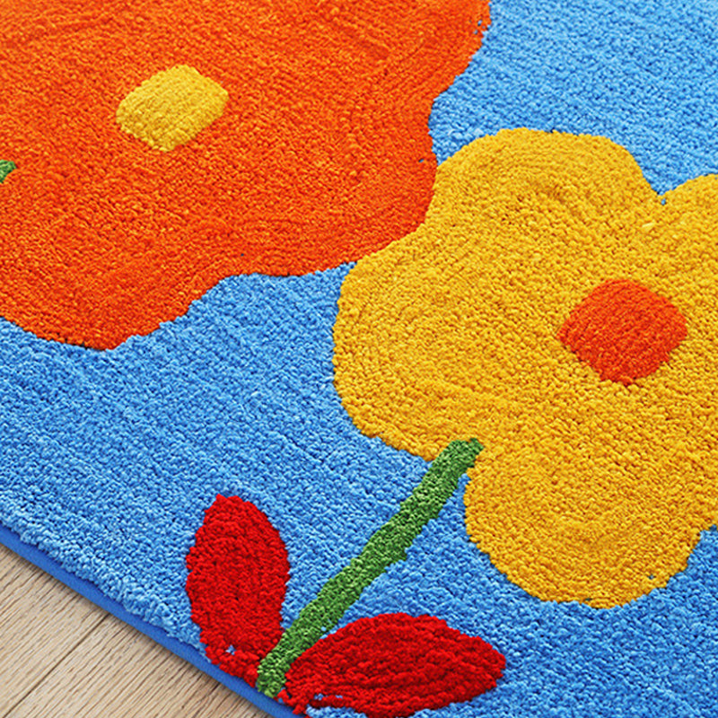 Blue and Orange Kids Rug Polyester Leaf and Flower Pattern Rug Pet Friendly Washable Anti-Slip Backing Carpet for Decoration - Clearhalo - 'Area Rug' - 'Rug' - 1725827