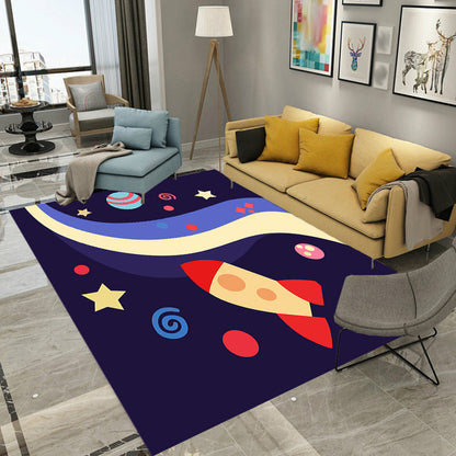 Kids Spaceship Pattern Rug with Planet Dark Blue Polyester Rug Washable Pet Friendly Non-Slip Area Rug for Child's Bedroom - Dark Blue - Clearhalo - 'Area Rug' - 'Rug' - 1725863