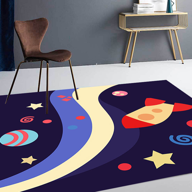 Kids Spaceship Pattern Rug with Planet Dark Blue Polyester Rug Washable Pet Friendly Non-Slip Area Rug for Child's Bedroom - Clearhalo - 'Area Rug' - 'Rug' - 1725864