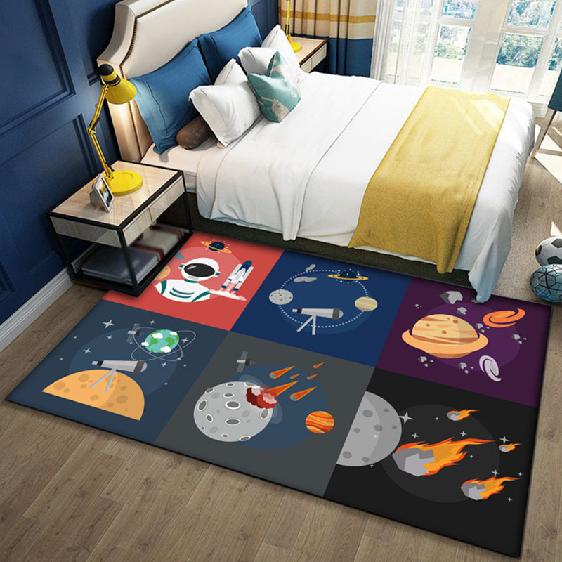 Black and Blue Kids Rug Polyester Outer Space and Beach Pattern Rug Pet Friendly Washable Anti-Slip Backing Carpet for Decoration - Grey - Clearhalo - 'Area Rug' - 'Rug' - 1725926