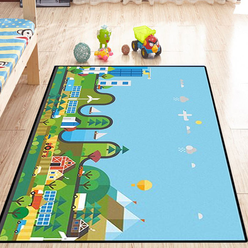 Unique Building Pattern Rug Blue Kids Rug Polyester Washable Pet Friendly Anti-Slip Carpet for Children's Room Clearhalo 'Area Rug' 'Rug' 1725936