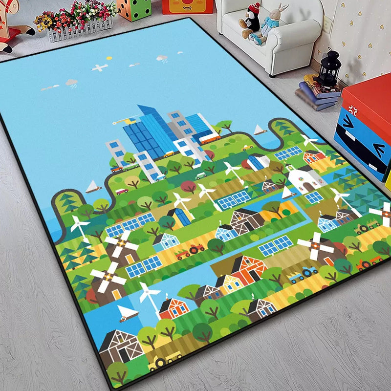 Unique Building Pattern Rug Blue Kids Rug Polyester Washable Pet Friendly Anti-Slip Carpet for Children's Room Light Blue Clearhalo 'Area Rug' 'Rug' 1725942