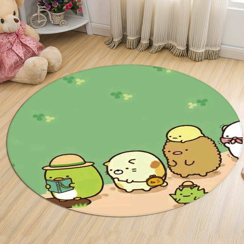 Green and Blue Kids Rug Polyester Cartoon Character Pattern Rug Pet Friendly Washable Anti-Slip Backing Carpet for Decoration