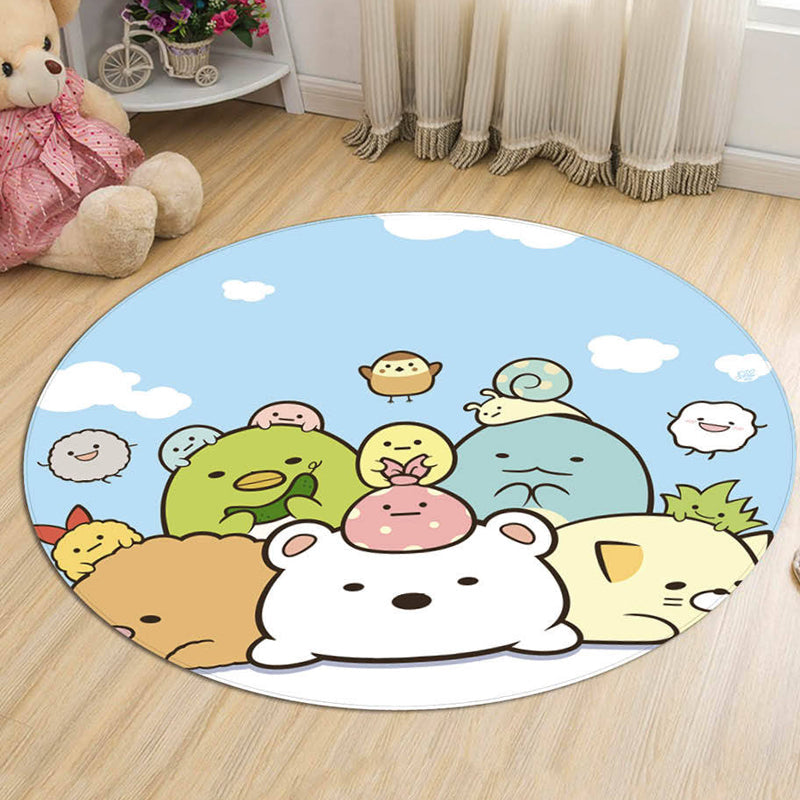 Green and Blue Kids Rug Polyester Cartoon Character Pattern Rug Pet Friendly Washable Anti-Slip Backing Carpet for Decoration