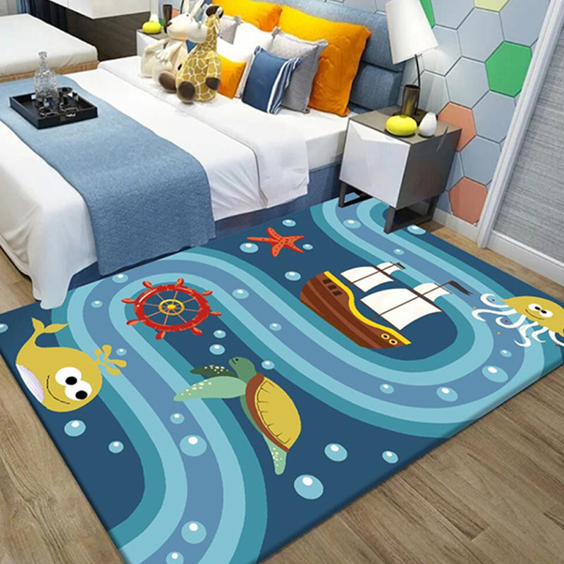 Cute Whale Pattern Rug Blue Kids Rug Polyester Pet Friendly Washable Area Rug for Nursery - Blue - Clearhalo - 'Area Rug' - 'Rug' - 1726091