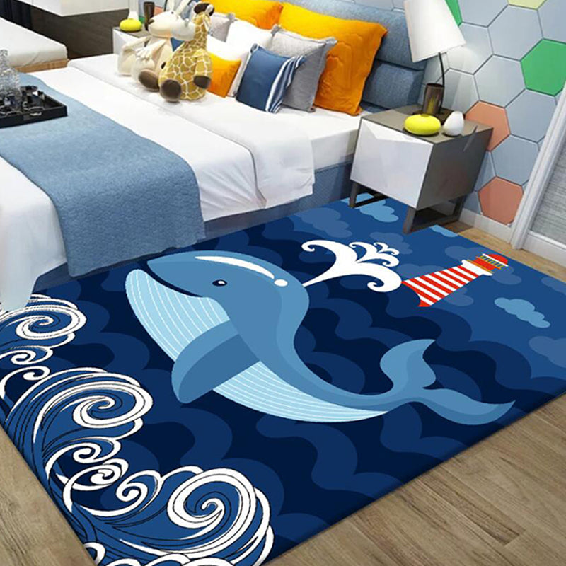 Cute Whale Pattern Rug Blue Kids Rug Polyester Pet Friendly Washable Area Rug for Nursery - Dark Blue - Clearhalo - 'Area Rug' - 'Rug' - 1726093