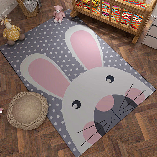 Grey and Orange Kids Rug Polyester Cartoon Animal Pattern Rug Pet Friendly Washable Anti-Slip Backing Carpet for Decoration