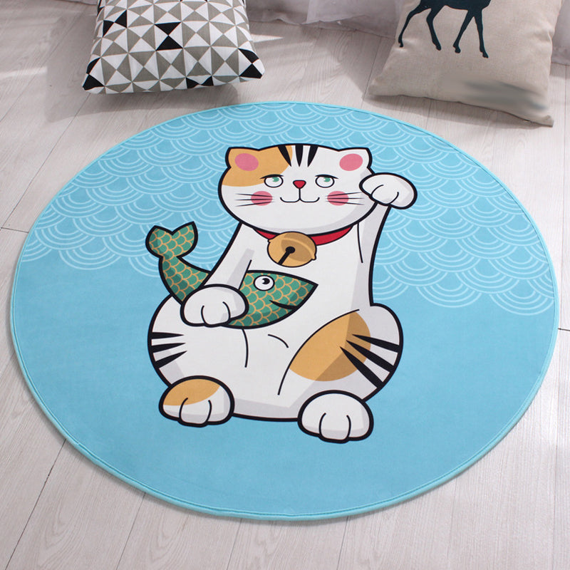 Kids Cat Pattern Rug Blue and Pink Polyester Rug Washable Pet Friendly Non-Slip Area Rug for Child's Bedroom - Blue - Clearhalo - 'Area Rug' - 'Rug' - 1726286