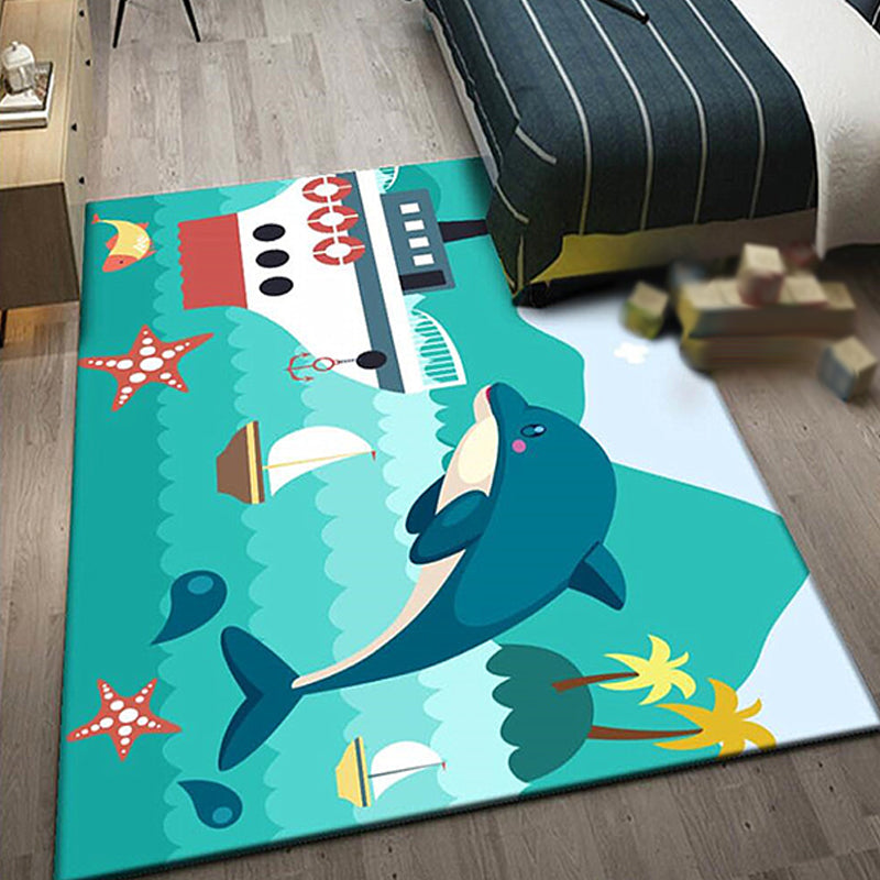 Kids Ship Pattern Rug with Dolphin Blue Polyester Rug Washable Pet Friendly Non-Slip Area Rug for Child's Bedroom - Green - Clearhalo - 'Area Rug' - 'Rug' - 1726399