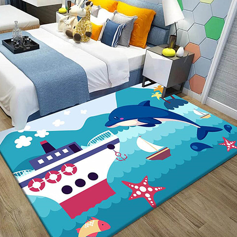 Kids Ship Pattern Rug with Dolphin Blue Polyester Rug Washable Pet Friendly Non-Slip Area Rug for Child's Bedroom - Blue - Clearhalo - 'Area Rug' - 'Rug' - 1726405