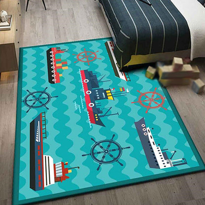 Kids Ship Pattern Rug with Dolphin Blue Polyester Rug Washable Pet Friendly Non-Slip Area Rug for Child's Bedroom - Dark Green - Clearhalo - 'Area Rug' - 'Rug' - 1726406