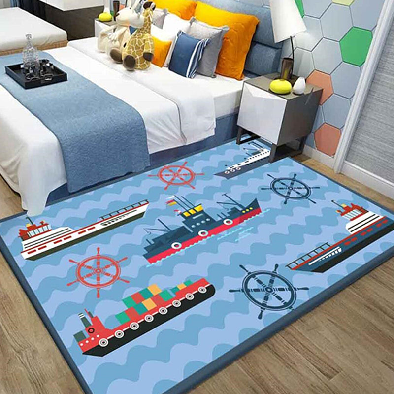 Kids Ship Pattern Rug with Dolphin Blue Polyester Rug Washable Pet Friendly Non-Slip Area Rug for Child's Bedroom - Light Blue - Clearhalo - 'Area Rug' - 'Rug' - 1726407