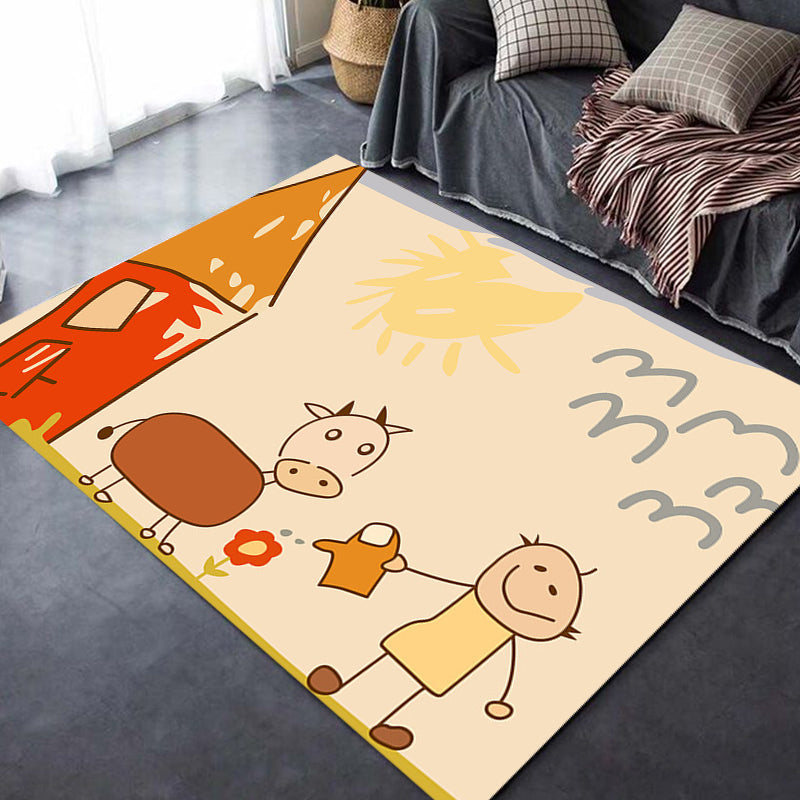 Cute Painting Pattern Rug Orange Kids Rug Polyester Pet Friendly Washable Area Rug for Nursery