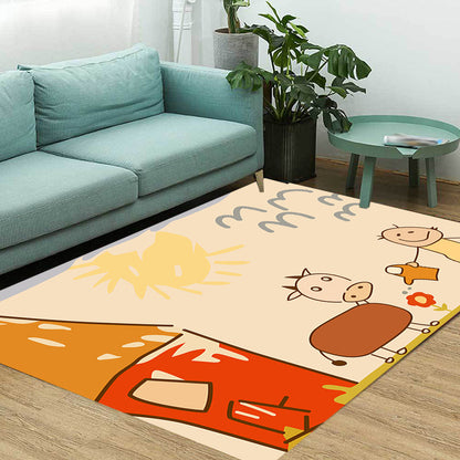 Cute Painting Pattern Rug Orange Kids Rug Polyester Pet Friendly Washable Area Rug for Nursery