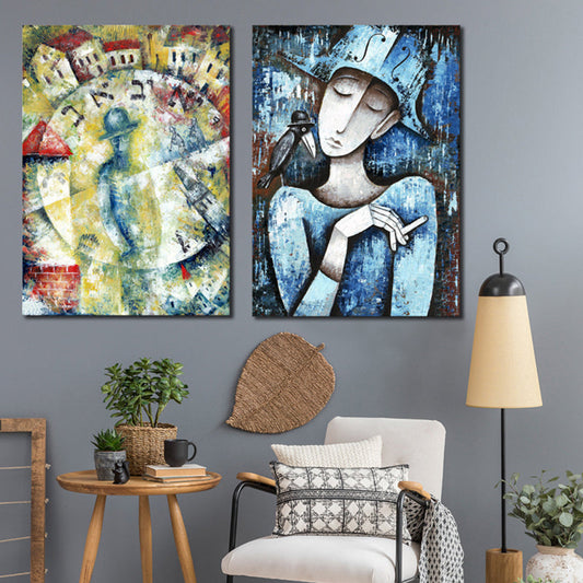 Pastel Color Smoking Girl Painting Abstract Expressionism Textured Canvas Art for Bedroom