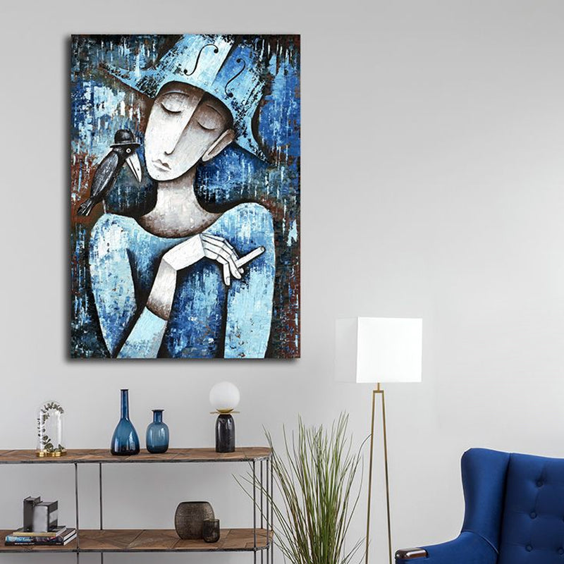 Pastel Color Smoking Girl Painting Abstract Expressionism Textured Canvas Art for Bedroom - view 4