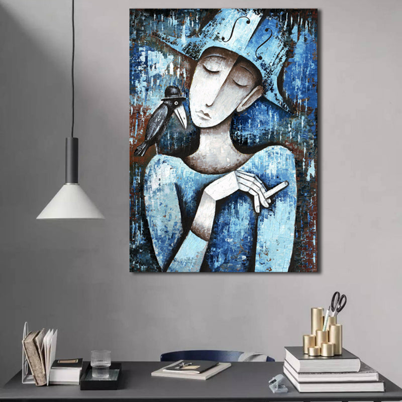 Pastel Color Smoking Girl Painting Abstract Expressionism Textured Canvas Art for Bedroom - view 3