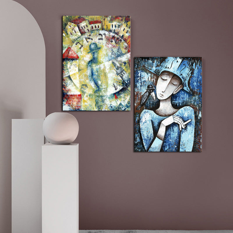 Pastel Color Smoking Girl Painting Abstract Expressionism Textured Canvas Art for Bedroom - view 2