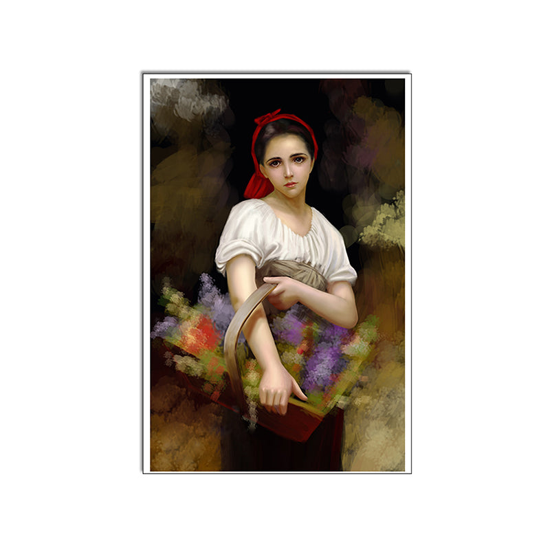 Standing Girl with Basket Painting Brown Canvas Art Print Textured, Multiple Sizes Available Clearhalo 'Arts' 'Canvas Art' 1763662