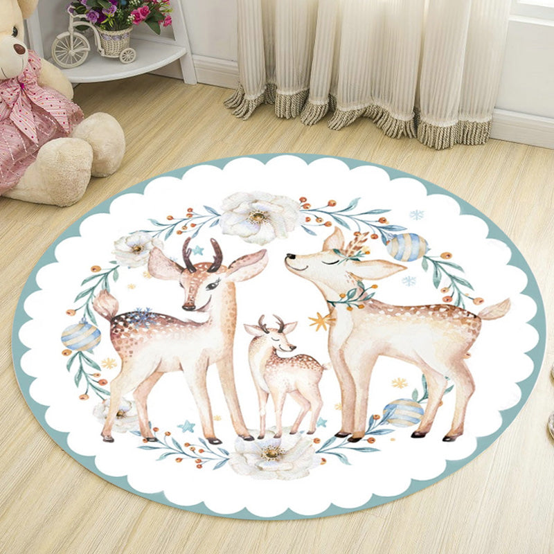 Kids Deer Pattern Rug with Flower White and Blue Polyester Rug Non-Slip Backing Washable Pet Friendly Carpet for Bedroom - White - Clearhalo - 'Area Rug' - 'Rug' - 1767250