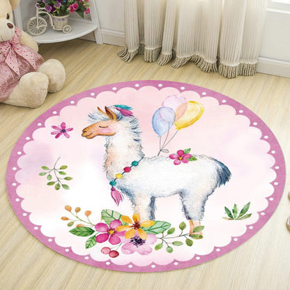 Kids Deer Pattern Rug with Flower White and Blue Polyester Rug Non-Slip Backing Washable Pet Friendly Carpet for Bedroom - Pink - Clearhalo - 'Area Rug' - 'Rug' - 1767255